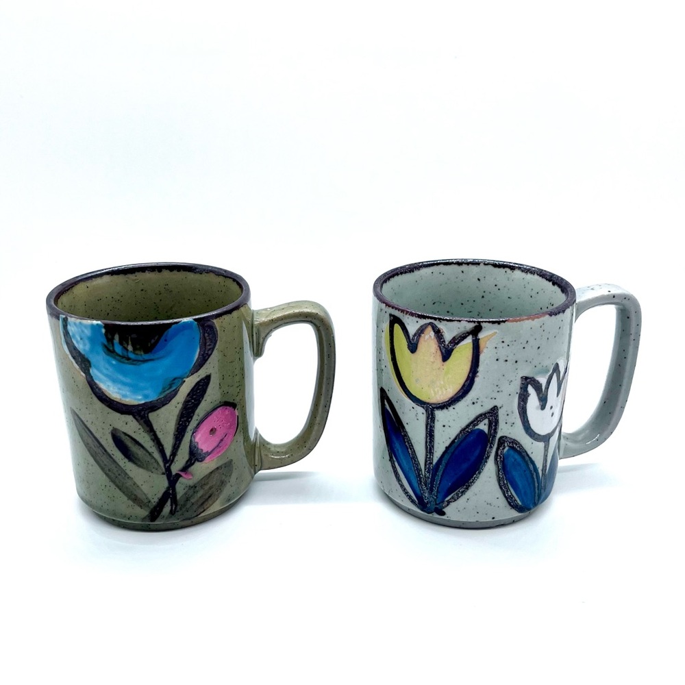 *SOLD* Hand Painted Flowers Vintage Stacking Otagiri Japanese Coffee Mugs Set 2